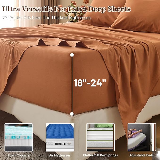 MEISHANG 100% French Pure Linen Sheets California King Size - 6 PC Extra Deep Pocket Sheet Set, Soft Durable Flax Linen, Anti-Tear Breathable & Oeko-Tex Certified 18-24 Deep Pocket,All Season(Orange)