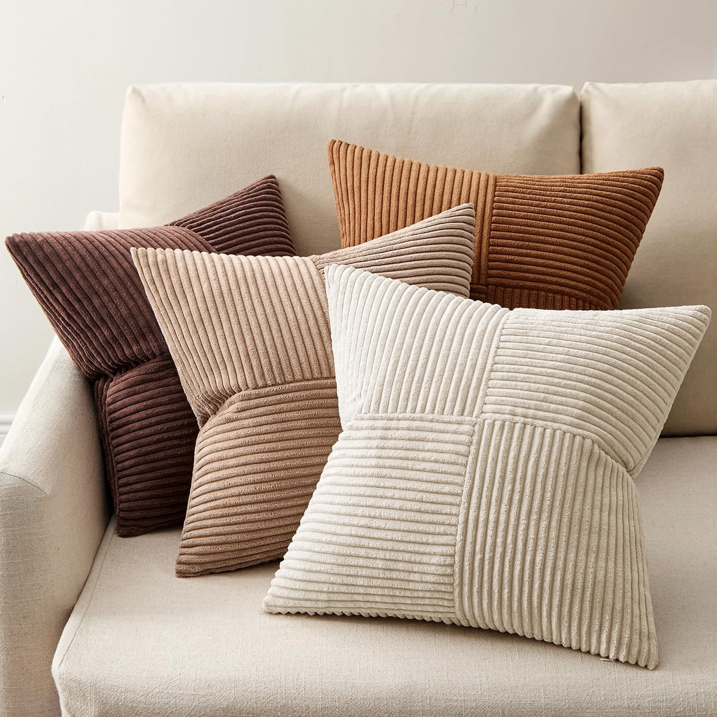 ANRODUO Pack of 4 Decorative Throw Pillows for Couch Gold Brown 18x18 Inch Boho Cozy Soft Corduroy Cushion Covers Farmhouse Accent Pillowcases for Mid Century Summer Home Decor Sofa Bed Living Room