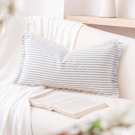 PANOD Decorative Boho Long Lumbar Pillow Cover 12x26,Super Soft Cotton Modern Long Rectangle Pillow Cover Pillow Case for Bed Sofa Couch Farmhouse Livingroom,Light Blue