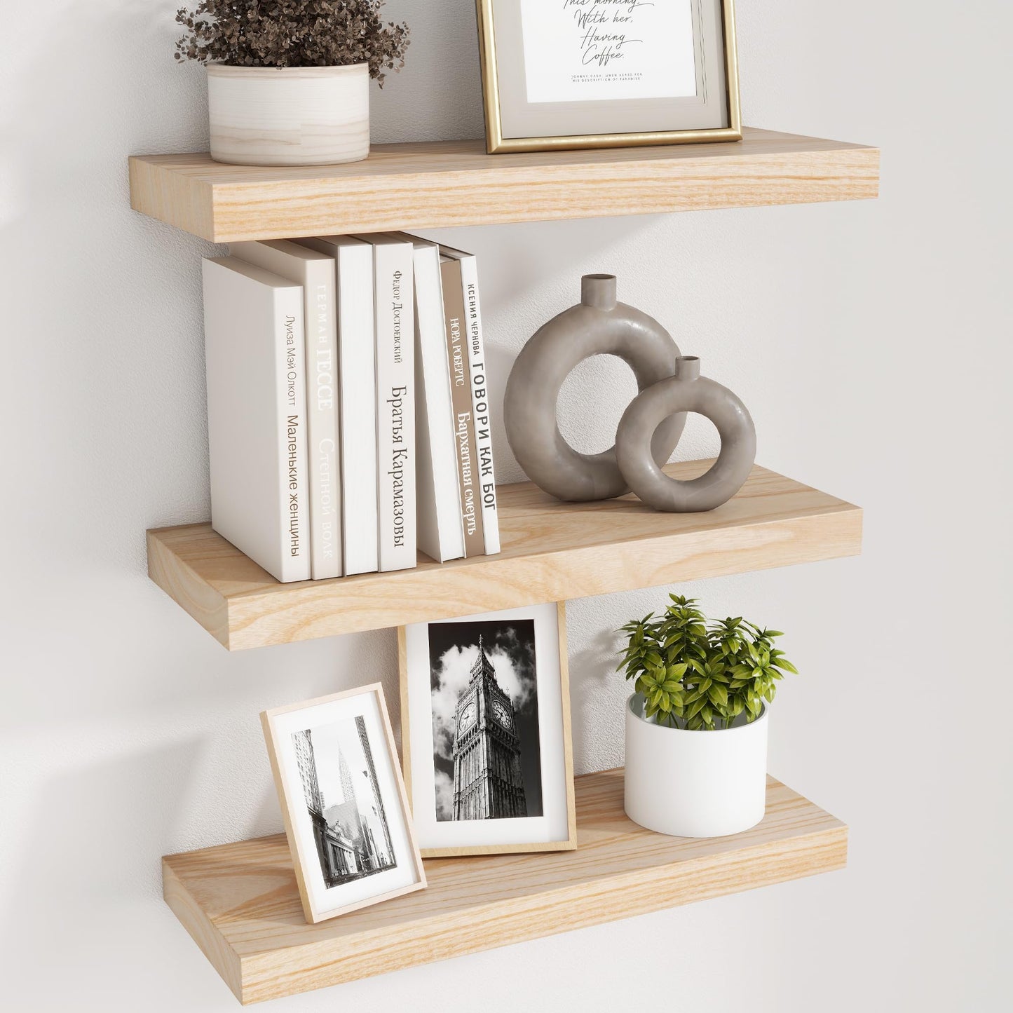 fuqing Natural Wood Floating Shelves - Wood Floating Shelves for Wall Set of 3-17 Inch Wide x 6.7 Inch Deep Natural Wooden Shelves for Living Room Bedroom Home Office