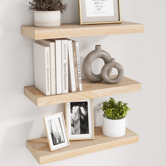 fuqing Natural Wood Floating Shelves - Wood Floating Shelves for Wall Set of 3-17 Inch Wide x 6.7 Inch Deep Natural Wooden Shelves for Living Room Bedroom Home Office