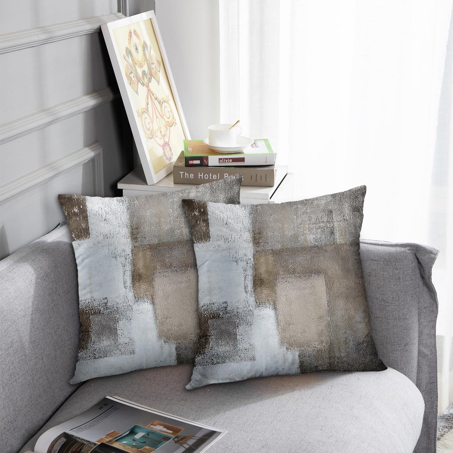 Britimes Throw Pillow Covers Modern Home Art Decor, 18 x 18 Inches Set of 2 Abstract Oil Painting Pillowcases for Bedroom, Living Room, Cushion Couch Sofa, Beige Home Grey Brown