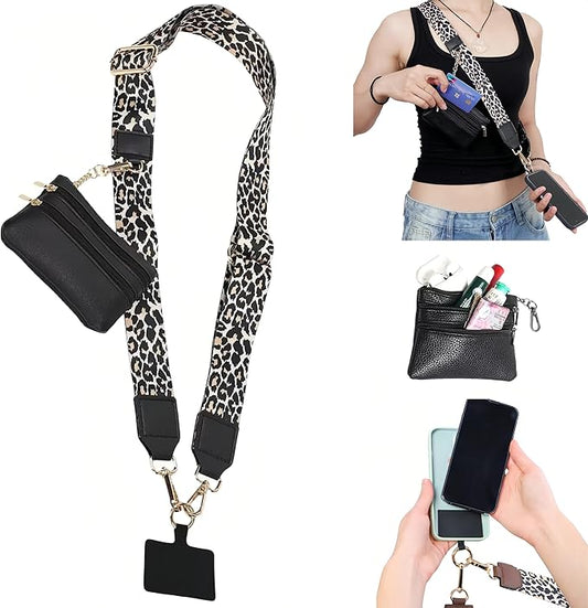 Crossbody Body Phone Holder for Women, New Phone Strap with Zippered Pouch, Adjustable Crossbody Strap (Leopard)
