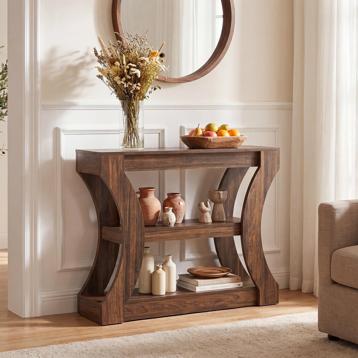 Console Table with Storage Shelves, 41.3" Wood Grain Narrow Entryway Table