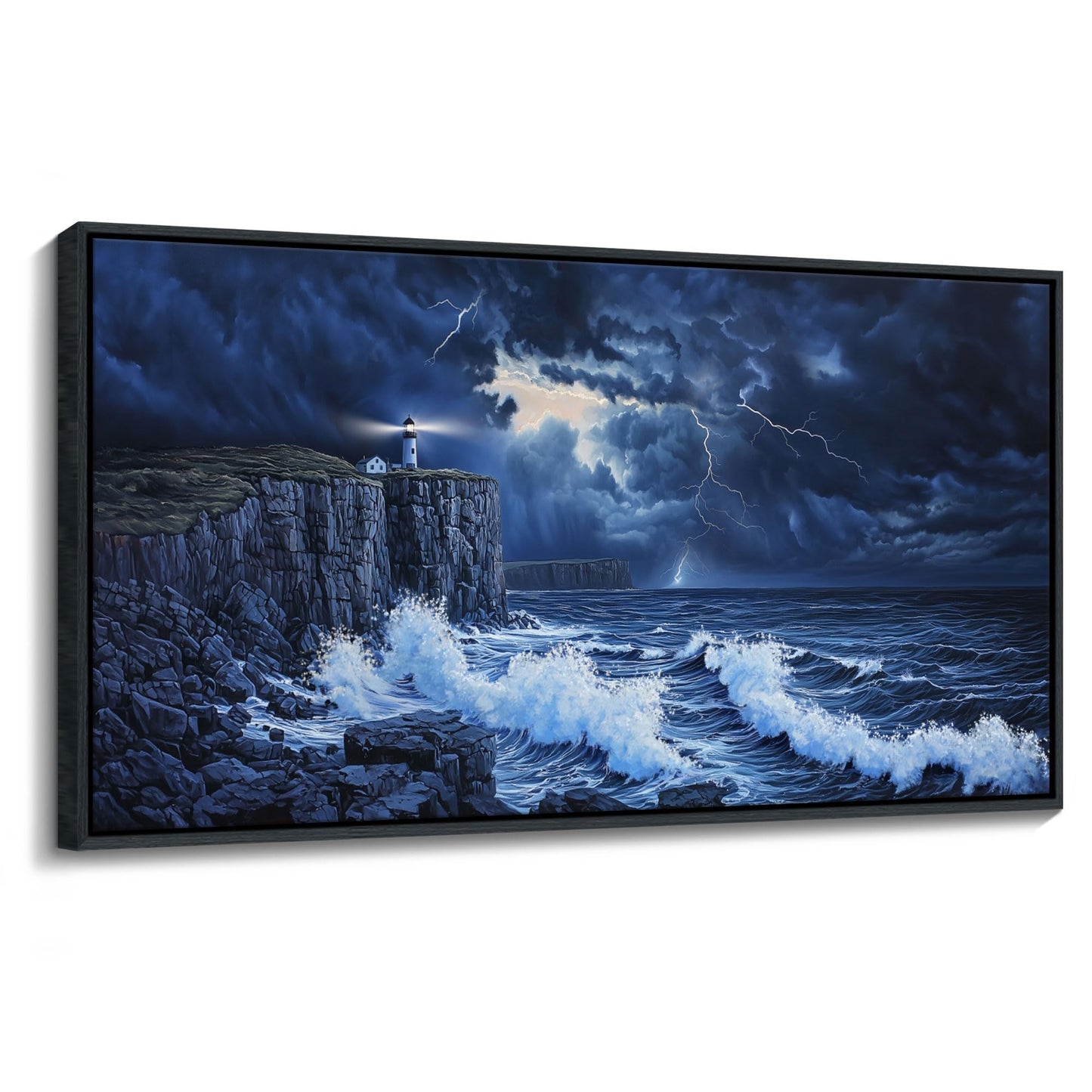 YDYSUNE Large Wall Decor- Ocean Canvas Painting Navy Blue Picture Framed Lighthouse Coastal Wall Art,Huge Waves Seascape Decoration Artwork for Living Room,Bedroom,Office Size 29x58 Inches