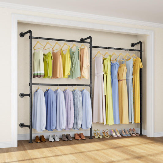 Timate P2 Industrial Pipe Clothes Rack, Wall Mounted Open Closet System with 3 Hanging Rods, L-Shape & Straight Configuration Garment Rack for Closet, Bedroom, Apartment, Retail Display, Black
