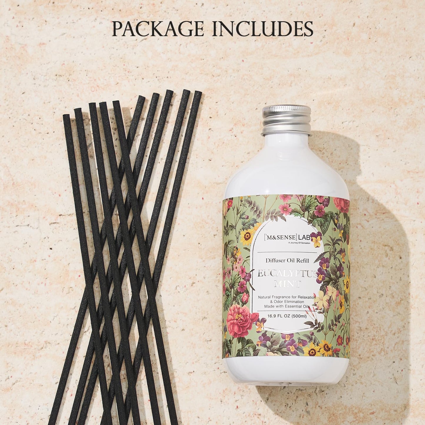 M&SENSE Reed Diffuser Oil Refill, 16.9oz (500ml) Eucalyptus & Mint Scent Home Fragrance with 10 Hollow Reed Sticks, Scented Oil Refills, Natural Essential Oils for Diffusers, Décor for Home Spa Office