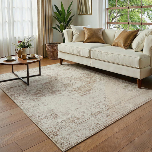 Washable Area Rug 5x7, Vintage Distressed Beige Rug for Living Room, Thin Low Pile Non Slip, Soft Modern Neutral Rug Indoor Carpet for Bedroom Dining Room Nursery Playroom Boho Home Office-Beige 5'x7'