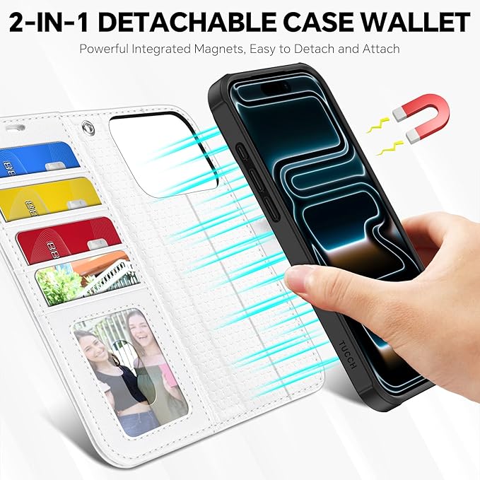 TUCCH 2-in-1 Detachable Wallet Case for iPhone 17 Pro (6.3-inch) 2025, Wireless Charging | RFID Blocking 4 Card Holder | Wrist Strap | Kickstand | Magnetic | PU Leather | Protective Flip Cover | White