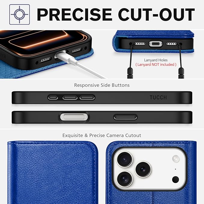 TUCCH Wallet Case for iPhone 17 Pro Max (6.9") 2025, 3 Credit Card Holders, RFID Blocking, Stand, PU Leather, Shockproof TPU Interior Shell, Protective Flip Folio Cover, Klein Blue