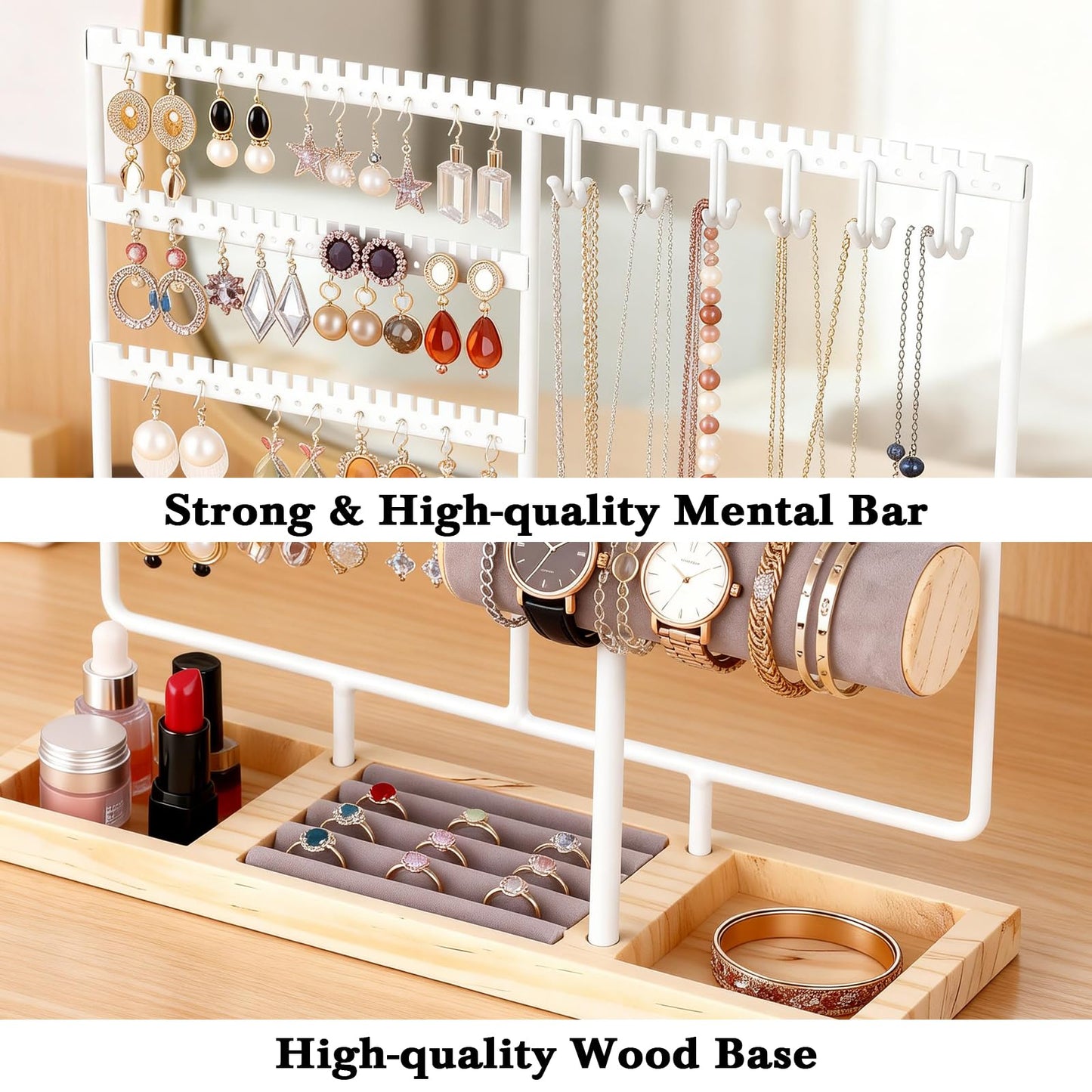Ciormis Jewelry Stand Holder, 5 Tier Earring Holder Organizer with 72 Holes and 12 Hooks Jewelry Tower Necklace Tree Stand Hanger Bracelets Holder Storage with Ring Tray for Women Girls Gift (White)