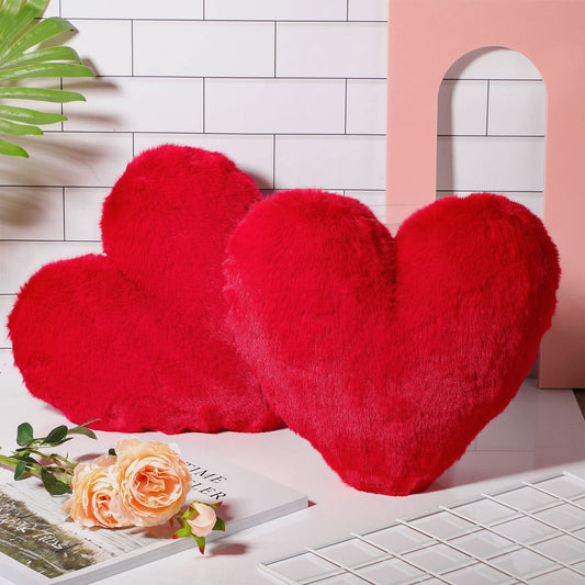 Marsui 2 Pcs Heart Throw Pillows, Soft Fluffy Faux Fur Decorative Hearts Shaped Pillows for Living Room Sofa Bed, Cute Heart Themed Gift for Mother(Red,11.81 x 11.02 Inch)