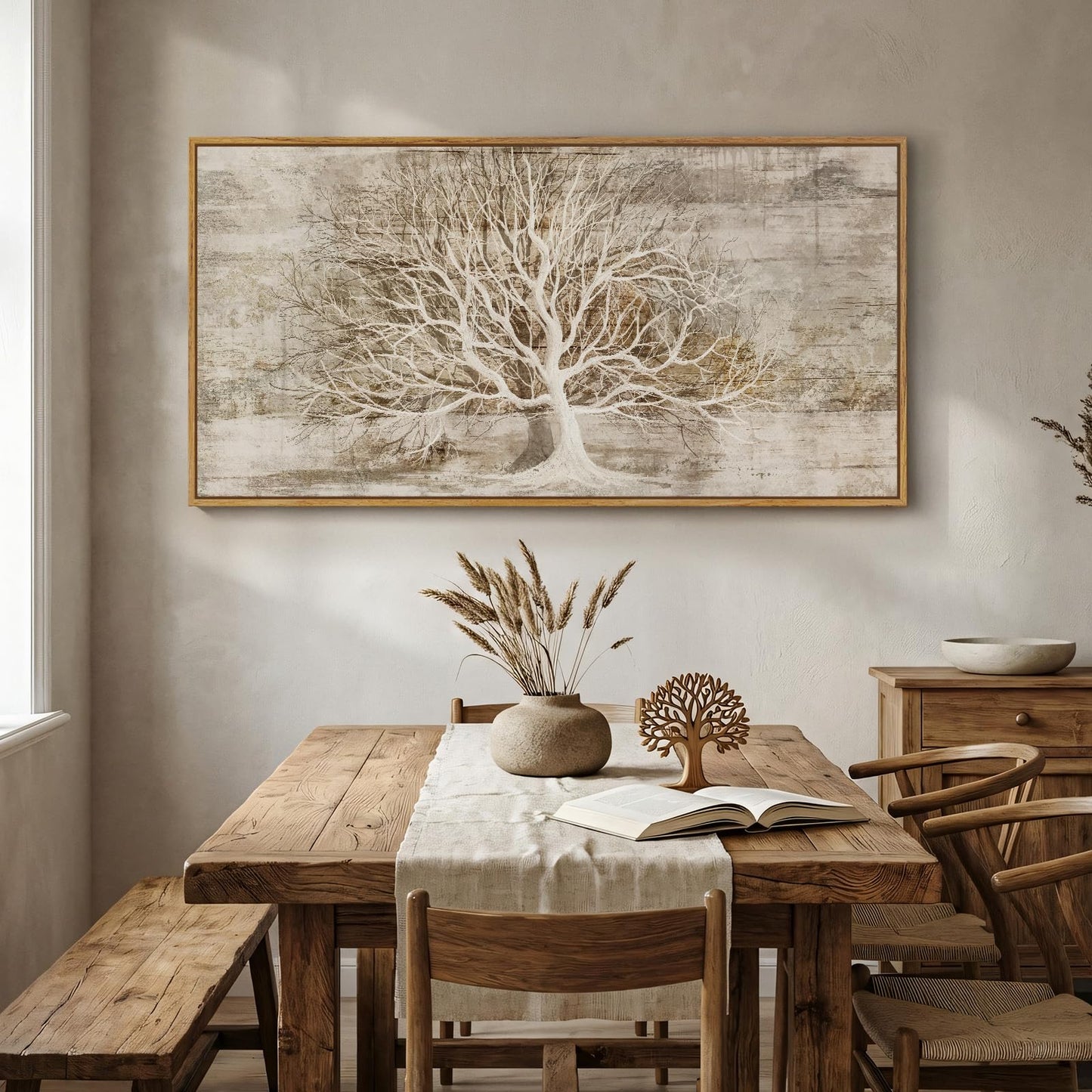 Large Framed Tree of Life Wall Art for Living Room, Rustic Farmhouse Abstract Tree Canvas Painting Print Artwork for Walls, Modern Neutral Forest Picture for Bedroom Office Wall Decor, 60x30 In