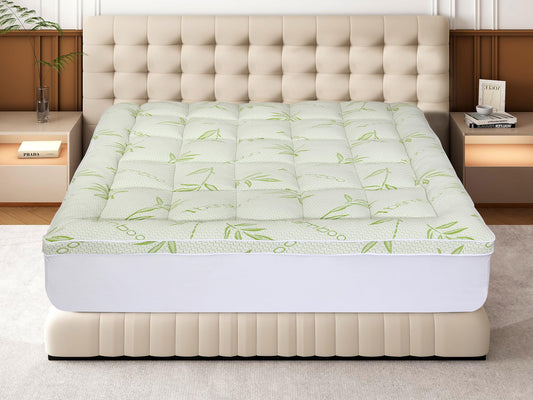 Novastile Queen Mattress Topper 550 GSM Pillow Top – Bamboo Mattress Pad Cover for Back Pain Relief, Extra Thick Plush & Naturally Cooling, Elastic Deep Pocket Fitted, Green