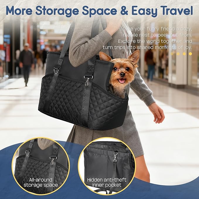 YUDODO 4-12lbs Dog Tote Bag for Women, Lightweight Small Dog Purse Carrier with Large Pockets & Safety Clip, Pet Shoulder Handbag for Travel, Outing, Vet, Black