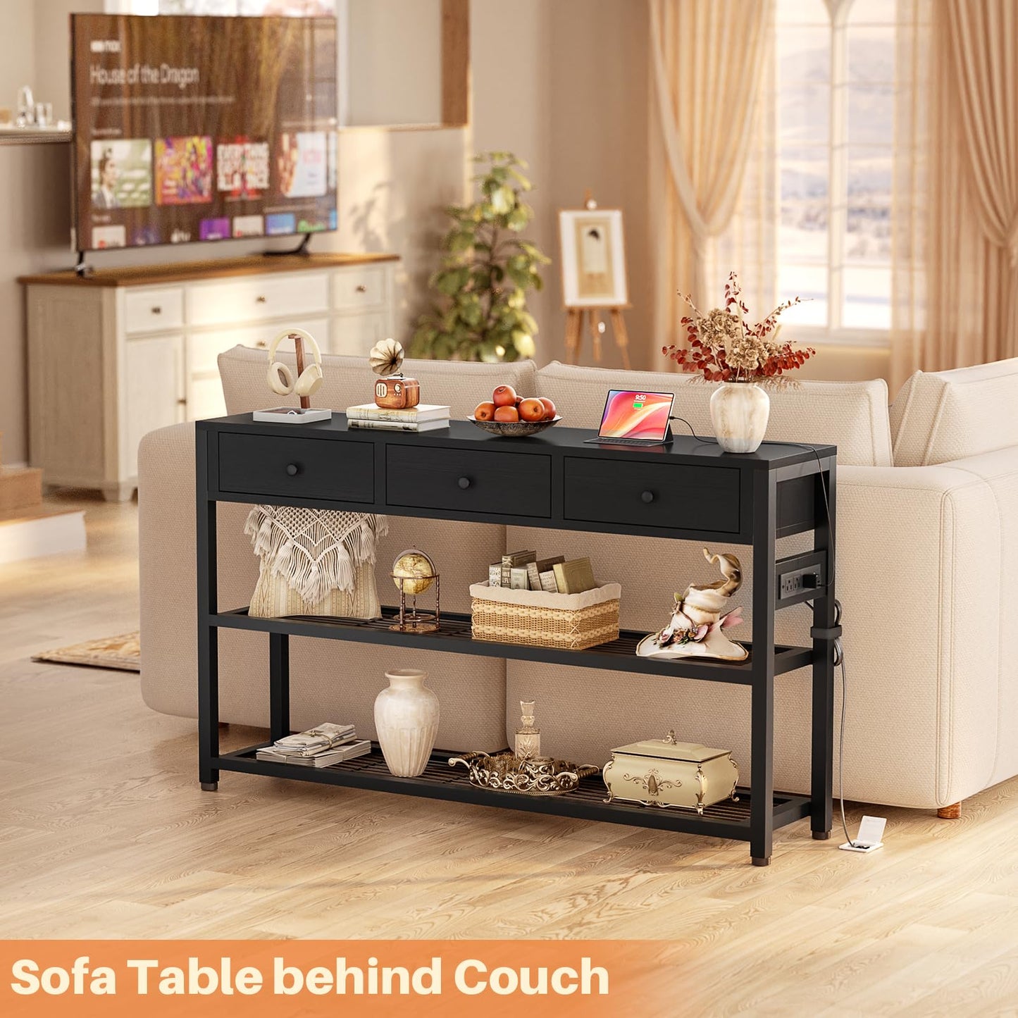 Ecopriso 47'' Entryway Table with Outlets and USB Ports, Console Table with 3 Drawers, Sofa Table Narrow Long with Storage Shelves for Living Room, Couch, Hallway, Foyer, Kitchen Counter, Black