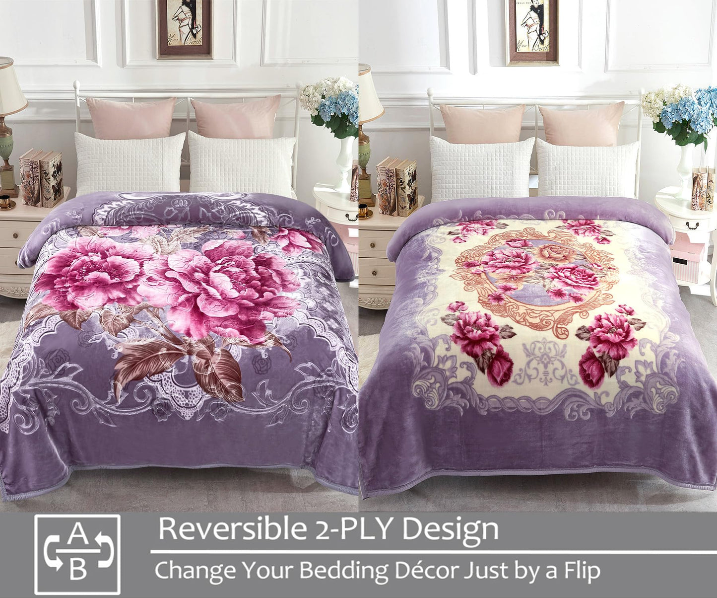 JYK Korean Faux Mink Fleece Blanket 83" X 91", 5.7 LB - 2 Ply Reversible Soft Warm Plush Flannel Blanket, A&B Pattern Printed Embossed Microfiber Blanket, (Light Purple Peony/Peony, King)