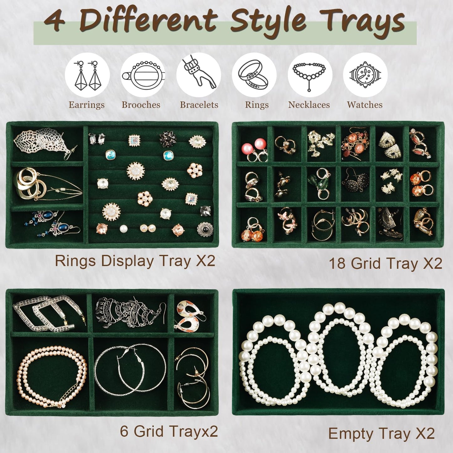 ERLSTE Jewelry Drawer Organizer, 8 Set of Stackable Velvet Organizer Tray, Drawer Inserts for Jewelry Organization, Showcase and Safely Store Your Collection with Elegance and Sophistication (Green)