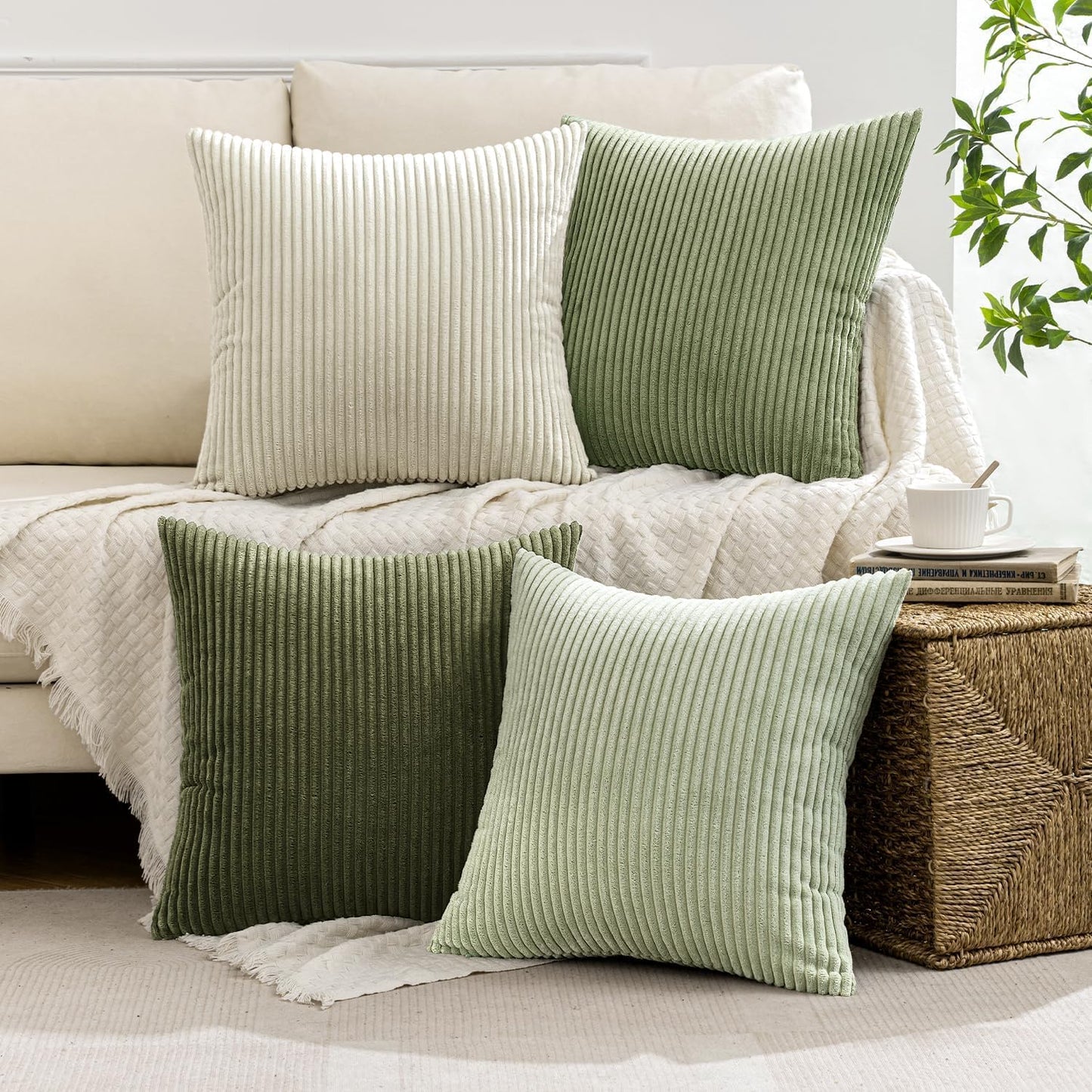 MIULEE Boho Farmhouse Throw Pillow Covers 20x20 Inch Set of 4 Mordern Neutral Green Cushion Covers Soft Corduroy Nordic Home Decor for Spring Couch Bed Sofa Living Room Green-White