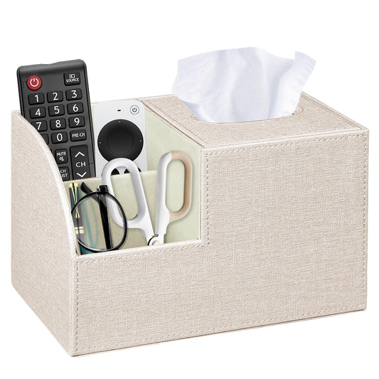 Fanousy Square Tissue Box Cover with Storage, PU Leather Cube Tissue Box Holder, Remote Control Nightstand Organizer, Modern Desk Caddy for End Table, Bathroom, Bedroom, Home, Office Decor