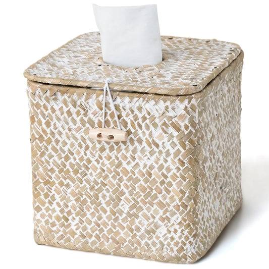 S310 Tissue Box Cover Square, Woven Seagrass Tissue Box Holder with Lid, Wicker Tissue Box Decorative Facial Cube Tissue Cover for Bathroom Office Table, Whitewash