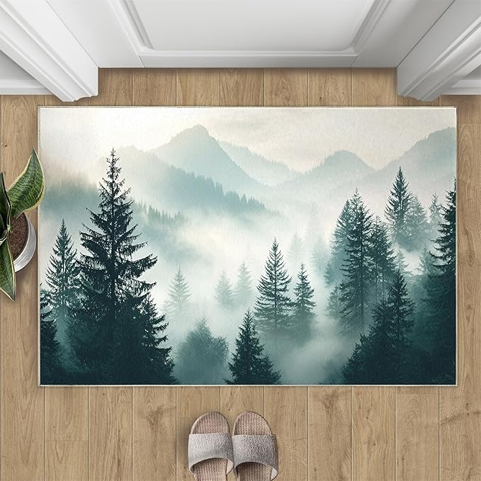 Misty Forest 2x3 Area Rug Natural Landscape Washable Rugs for Living Room Bedroom, Green Woods Soft Low Pile Non Slip Accent Floor Mat Print Throw Rug Indoor Carpet Dining Room Playroom