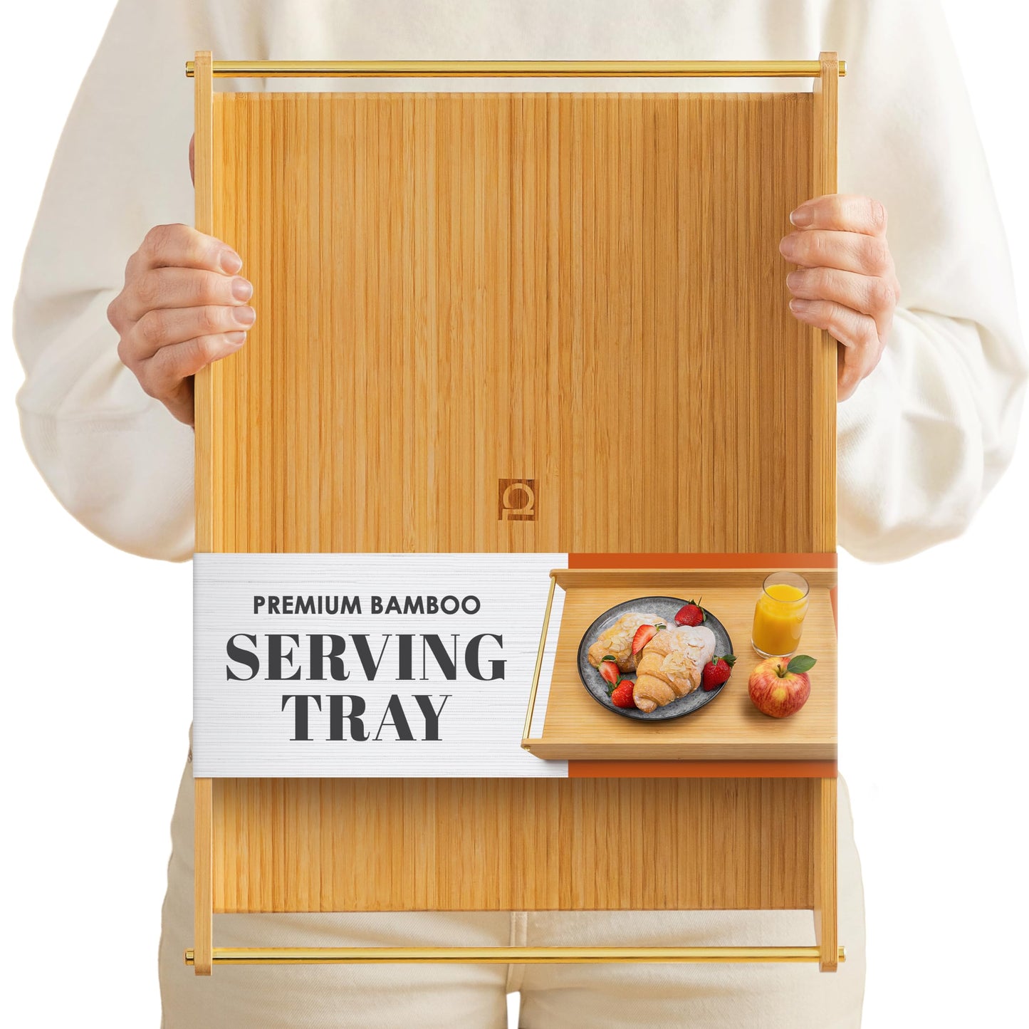 Bamboo Serving Tray with Gold Stainless Steel Handles, 16.5" x 11.2" Premium Decorative Ottoman Tray, Coffee Table Tray, Bed Tray for Breakfast in Bed, Living Room Decor