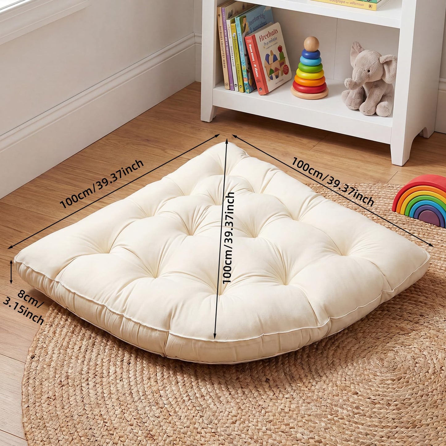 Yookeer Triangle Floor Pillow 100cm Cream Tufted Corner Floor Cushion Thickened Soft Window Seat Cushion Washable Meditation Mat for Living Room Bay Balcony Reading