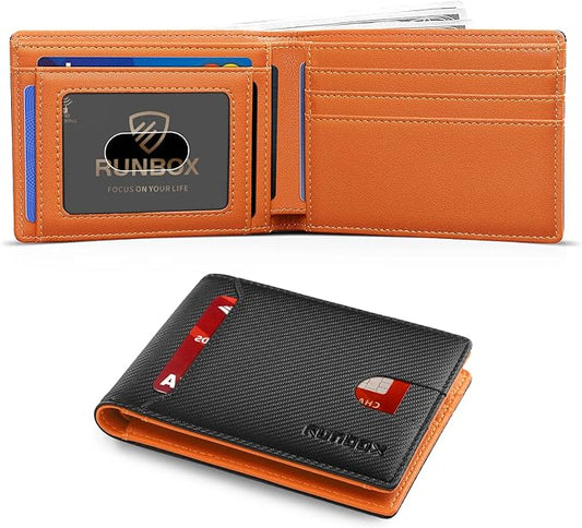 RUNBOX Wallet for Men Slim 11 Credit Card Holder Slots Leather RFID Blocking Small Thin Men's Wallet Bifold Minimalist Front Pocket Large Capacity Gift Box