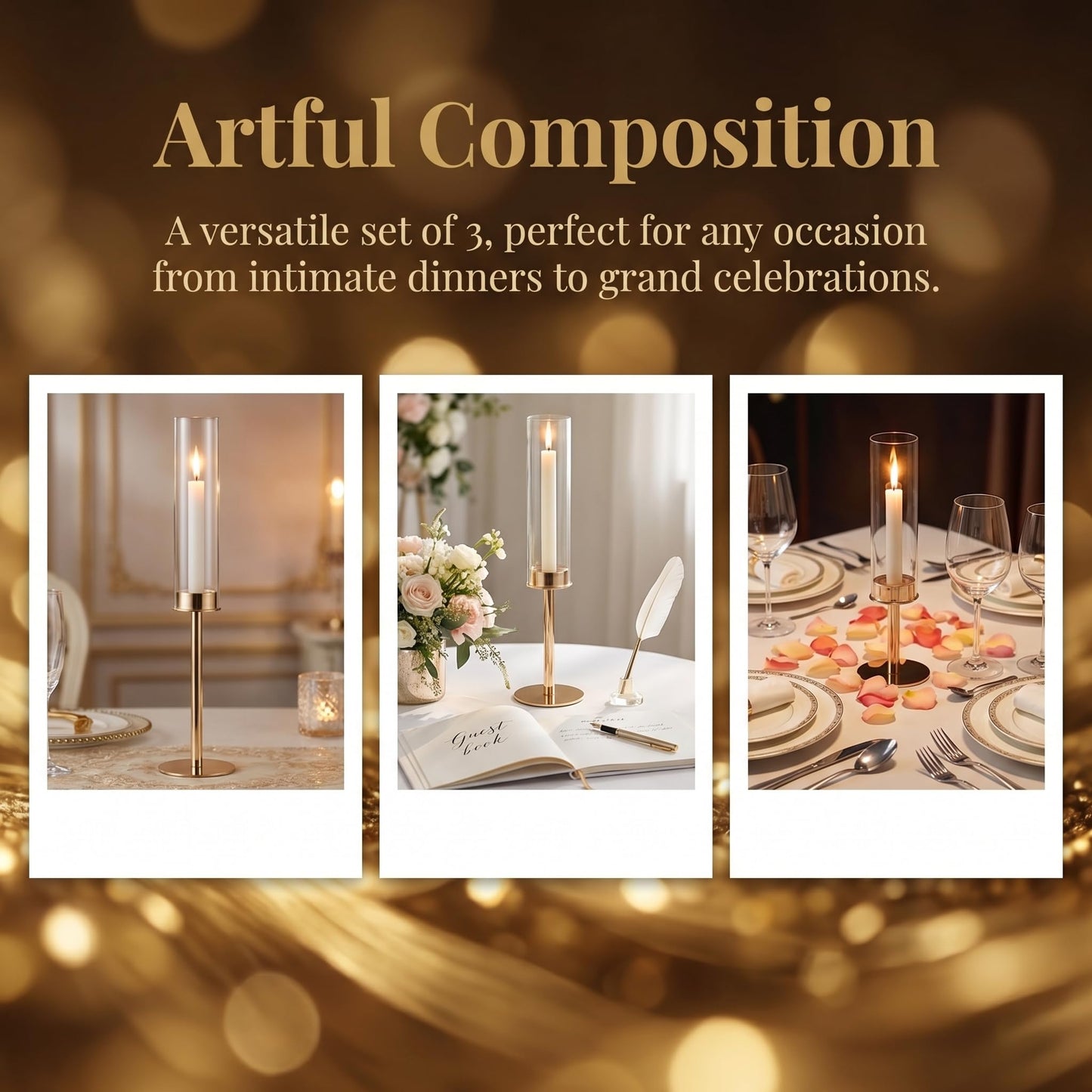 Oakernel Gold Hurricane Candle Holders Set of 12, Tall Metal Windproof Glass Taper Candle Holder for Candelabra Centerpieces for Dining Table, Wedding, Party & Fireplace Mantel Decor