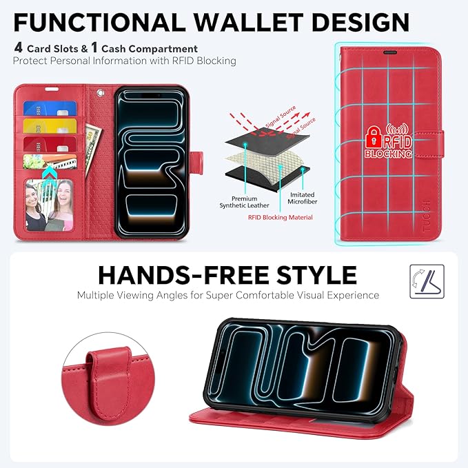 TUCCH Compatible with iPhone 17 Pro (6.3") Detachable Wallet Case with 4 Card Holder, Wireless Charging PU Leather Flip Folio with RFID Blocking Stand Wrist Strap Shockproof Phone Cover 2025, Red