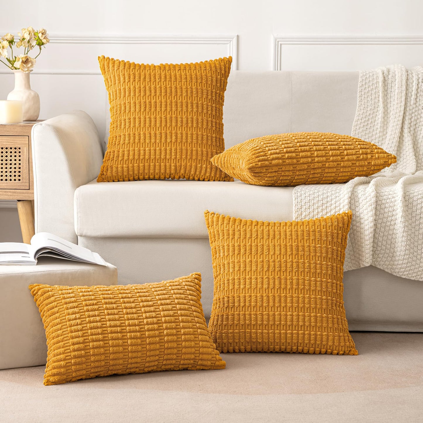 MIULEE Pack of 2 Corduroy Decorative Throw Pillow Covers 20x20 Inch Soft Boho Striped Pillow Covers Modern Farmhouse Home Decor for Summer Sofa Living Room Couch Bed Gold Yellow