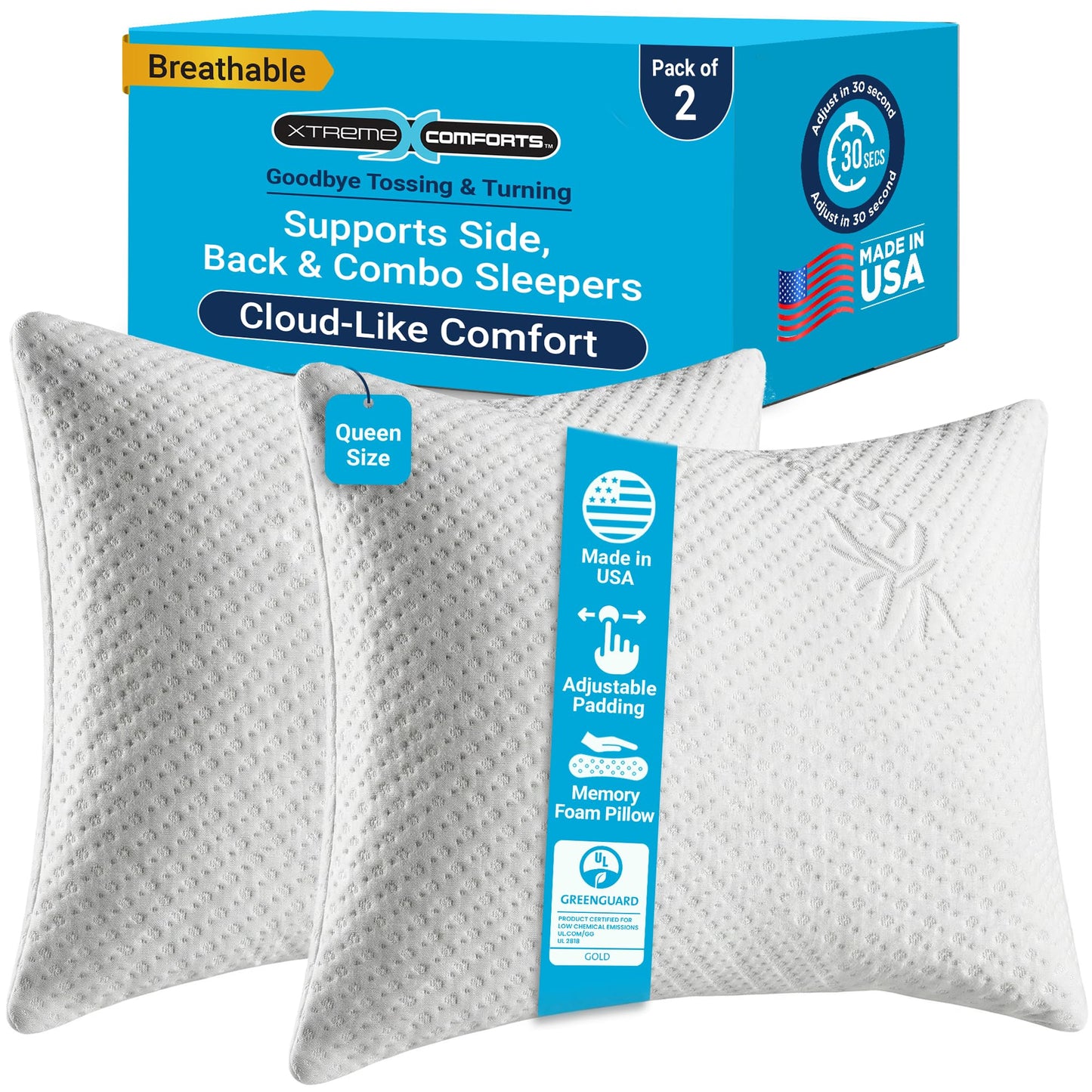 Xtreme Comforts Memory Foam Pillows |GREENGUARD Certified Adjustable Shredded Foam Fill for Personalized Support | Bed Pillows for Side, Back & Stomach Sleepers |Removable Cover |2 Queen Size Pillows