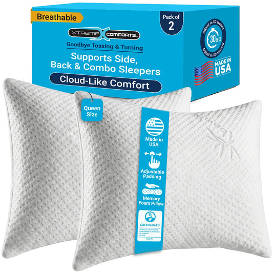 Xtreme Comforts Memory Foam Pillows |GREENGUARD Certified Adjustable Shredded Foam Fill for Personalized Support | Bed Pillows for Side, Back & Stomach Sleepers |Removable Cover |2 Queen Size Pillows