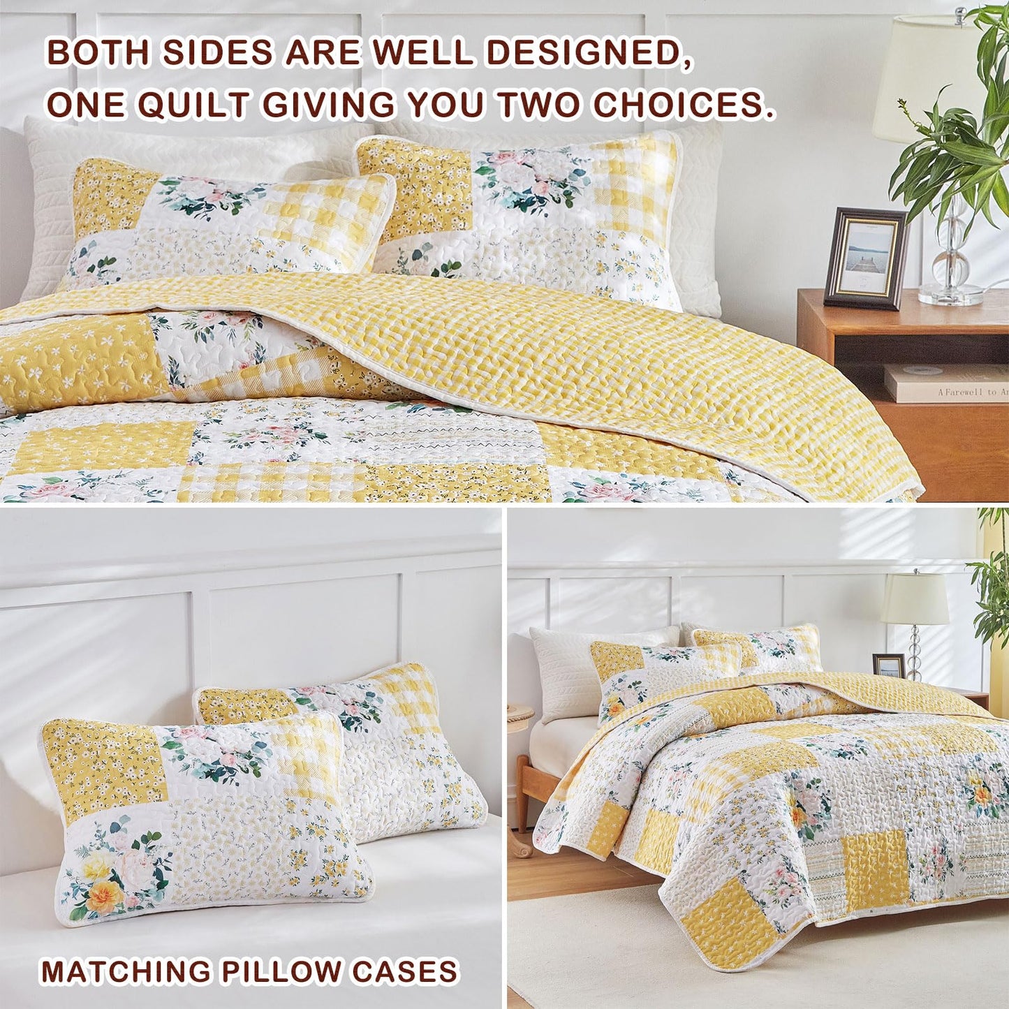 Joyreap 3 Pieces Floral Patchwork Quilt Set Queen, Yellow n White Flowers Design, Soft n Cozy Microfiber Quilt, Bedspread Bed Cover for All Season, 1 Quilt and 2 Pillow Shams- 90x90 inches