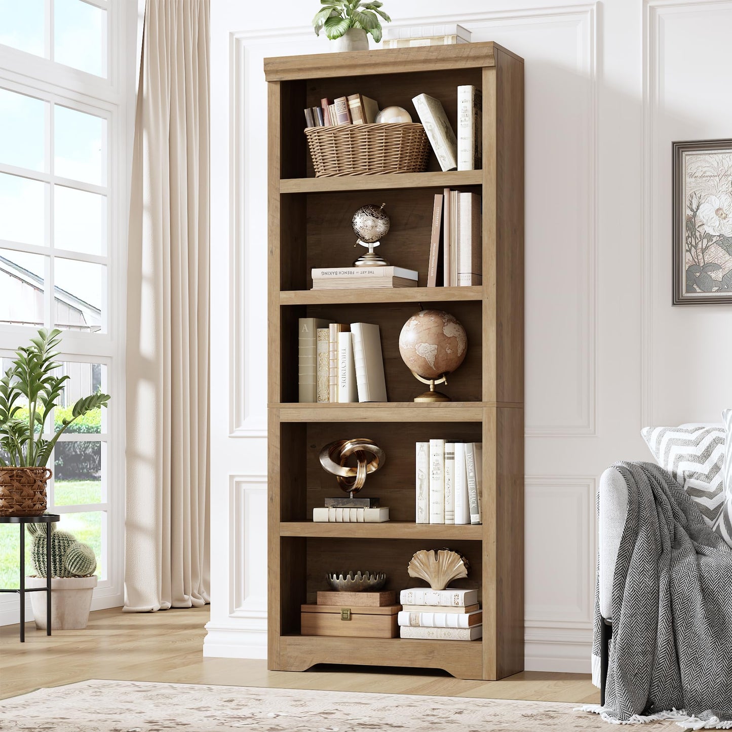 5 Tier Bookshelf, 69" Tall Farmhouse Bookcase - with Adjustable Shelves, Floor Standing Open Display Storage Rack with Anti-Slip Design for Home Office, Balcony, Library, Study / Living Room, Brown