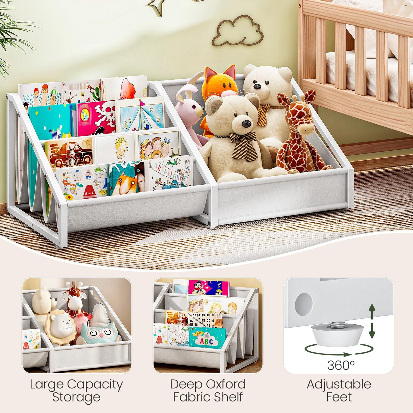 CHOEZON Kids Bookshelf with Toy Storage & 4-Tier Oxford Fabric Book Rack Organizer, Toddler Bookcase for Nursery, Bedroom, Playroom, Child's Room, White TCW18WB