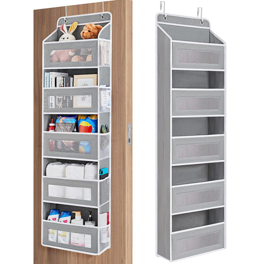 JARLINK Over The Door Organizer Storage, 5 Shelf Hanging Door Organizer with 5 Large Capacity Pockets, Anti Tilt 44 lb Load Behind Door Storage for Bedroom, Bathroom, Pantry, Nursery, (Grey)