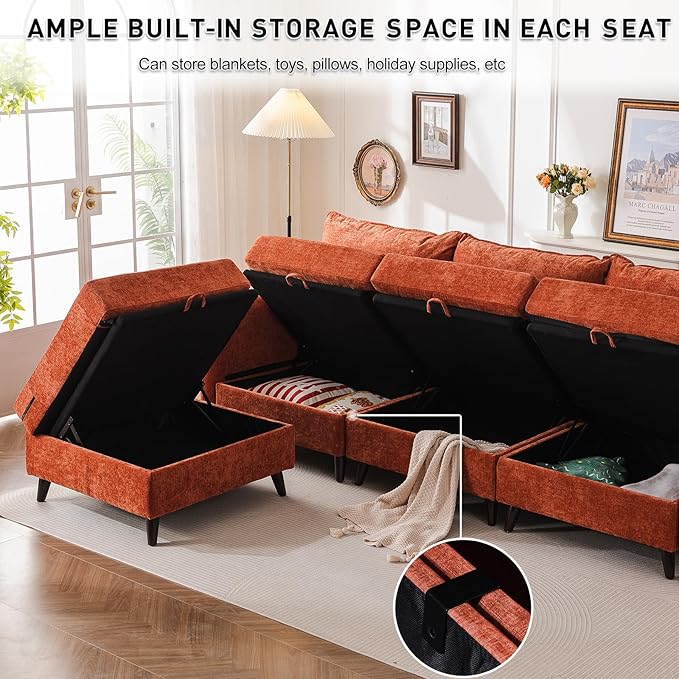 104'' Modular Sectional Sofa with Seats Storage,Oversized L Shaped Couch with Deep Seat,3-Seater Comfy Cloud Couches for Living Room, Movable Ottoman,Chenille,Orange