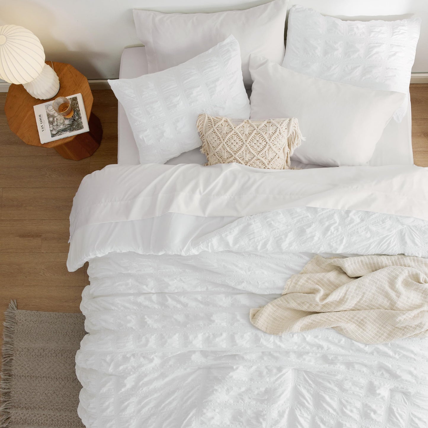 Bedsure White Queen Comforter Sets -7 Piece Seersucker, Cloud Comforter Queen Size Bed in a Bag, Lightweight Soft White Comforter Set with Comforters, Sheets, Pillowcases & Shams