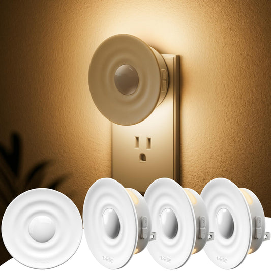 Lyridz Plug-in Backlit Motion Sensor Night Light with Dusk to Dawn Sensor, 1-50LM Precise Dimmable Wall Lights for Bedroom, Bathroom, Hallway, Stairs, Nursery, Warm White, 4-Pack