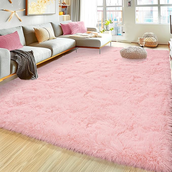 Ultra Fluffy Area Rugs for Living Room Bedroom, 6x9 Fuzzy Large Living Room Rugs, Thick Shag Rug for Dorm, Soft Non Slip Kids Girls Boys Rug for Home Decor Aesthetic, Pink