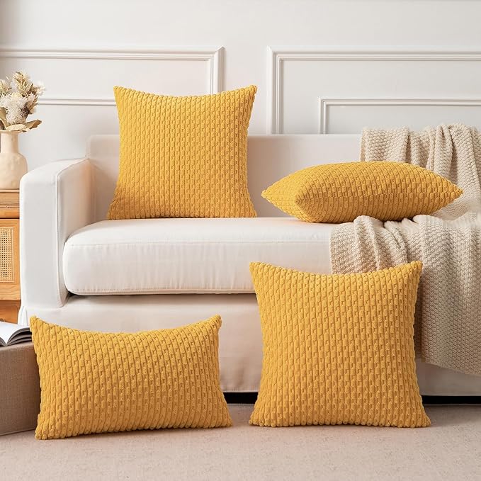 Kevin Textile Velvet Pillow Covers Striped Decorative Throw Cushion Case with Hidden Zipper for Home Couch/Bedroom 2 Pack (24x24 Inch Yellow)
