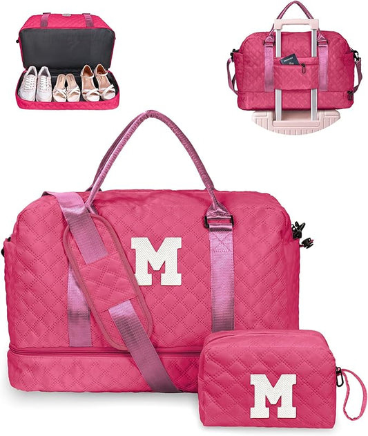 Vogewood Gifts for Teen Girls 12-14, Birthday Gift-Initial Travel Bag with Shoe Compartment, Personalized Weekender Bag, Monogram Overnight Bag for Women, Letter Travel Bag with Makeup Bag (Letter M)