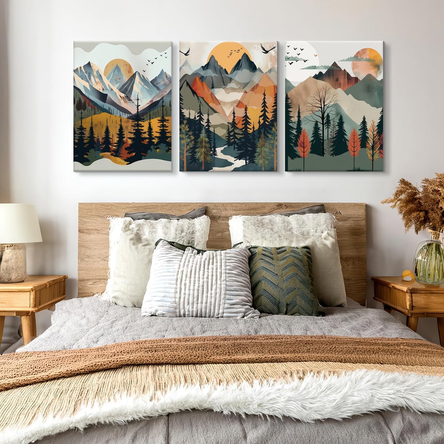 Framed Boho Landscape Wall Art Set of- 3 Canvas Print, Abstract Nature Pictures, Forest and Sunset,Posters Modern Minimalist Paintings for Living Room, Bedroom Office Ready to Hang12x16Inch