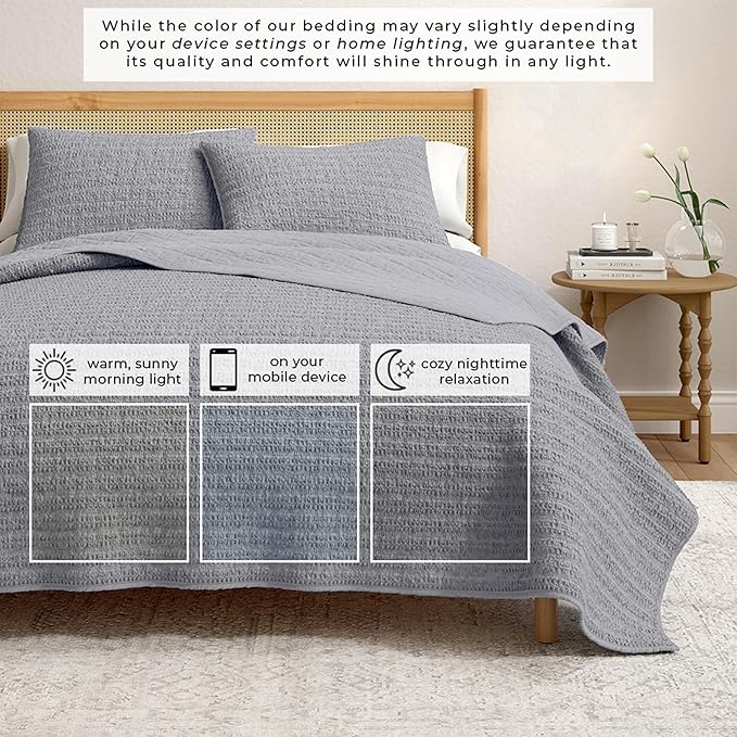Great Bay Home Full/Queen Size Blue 100% Cotton Honeycomb Waffle Quilt and Sham Set - Garment Washed, Waffle Weave Like Texture, Lightweight 3-Piece Bedding Set (Denim Blue)