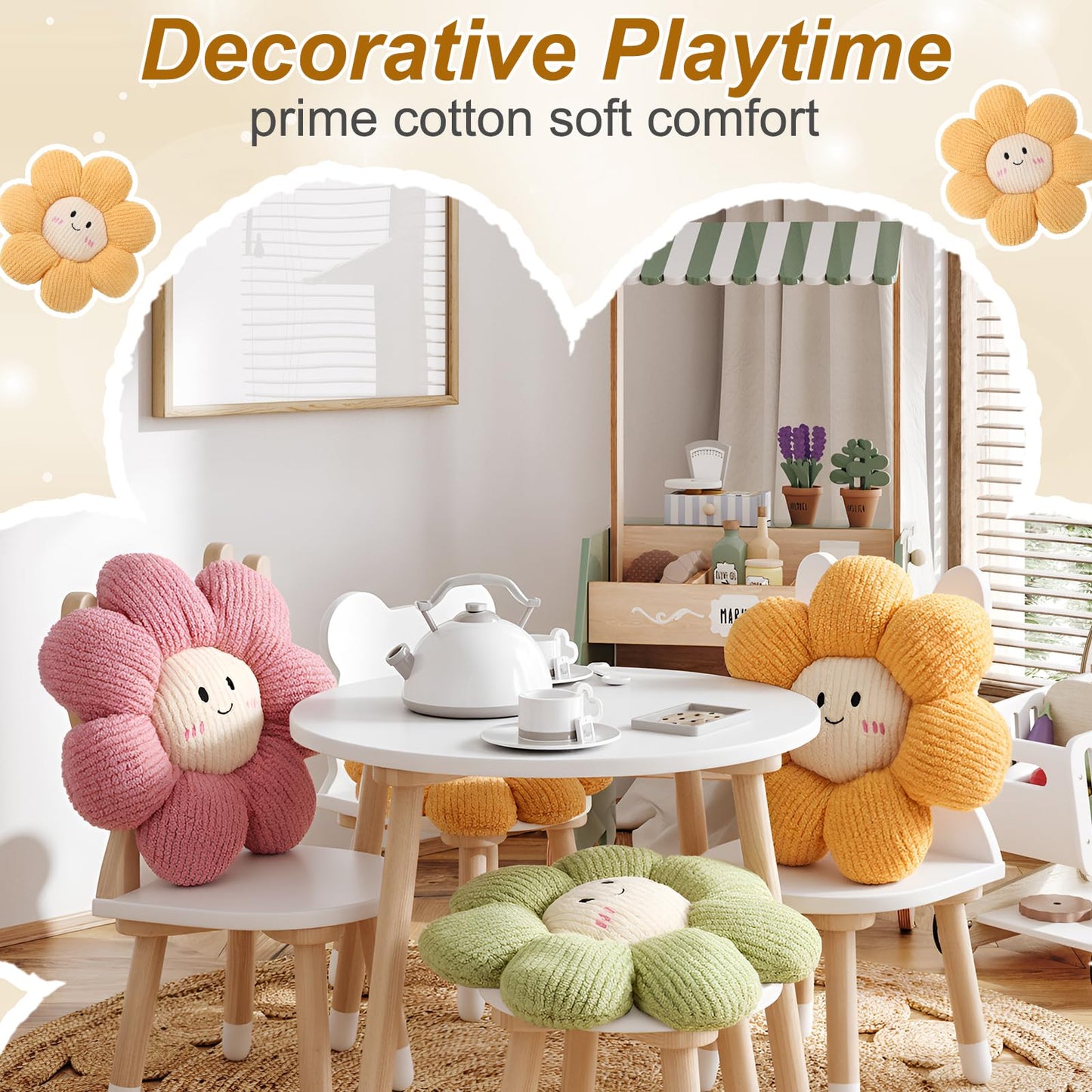 Chicmount 2 Pcs Smile Face Flower Pillows 15" Yellow Flower Throw Pillows Decorative Daisy Floor Seating Cushion Aesthetic Cute Seat Cushion for Bed Sofa Couch Home Decor Bedroom Living Room Chair