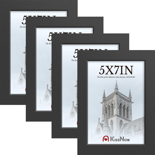 KissNow 5x7 Picture Frame 4 Pack, Black Wood 7x5 Frame, Tempered Glass, Vertical or Horizontal Tabletop Display for Photos & Art Prints