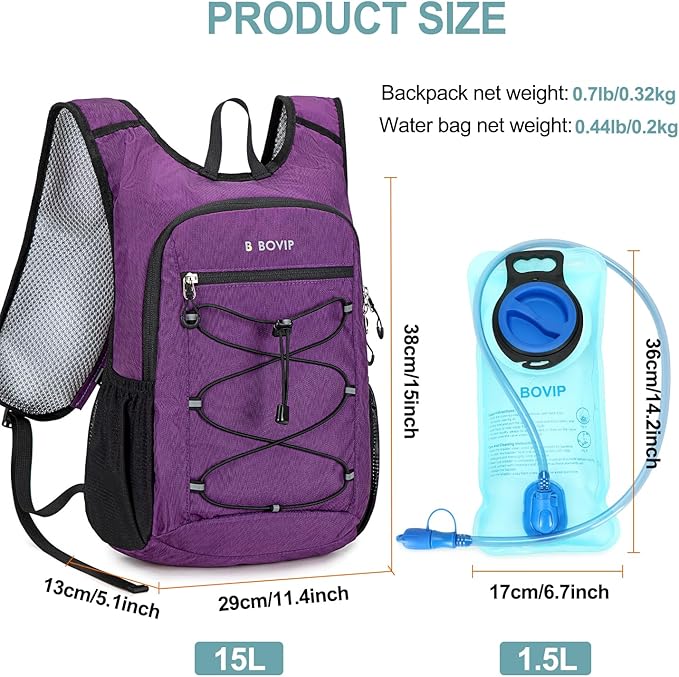 BOVIP Lightweight Hydration Back,15L Multipurpose Hiking Backpack with 1.5L Water Bladder ,Hydro Water Daypack for Cycling Hiking Rave for Men Women