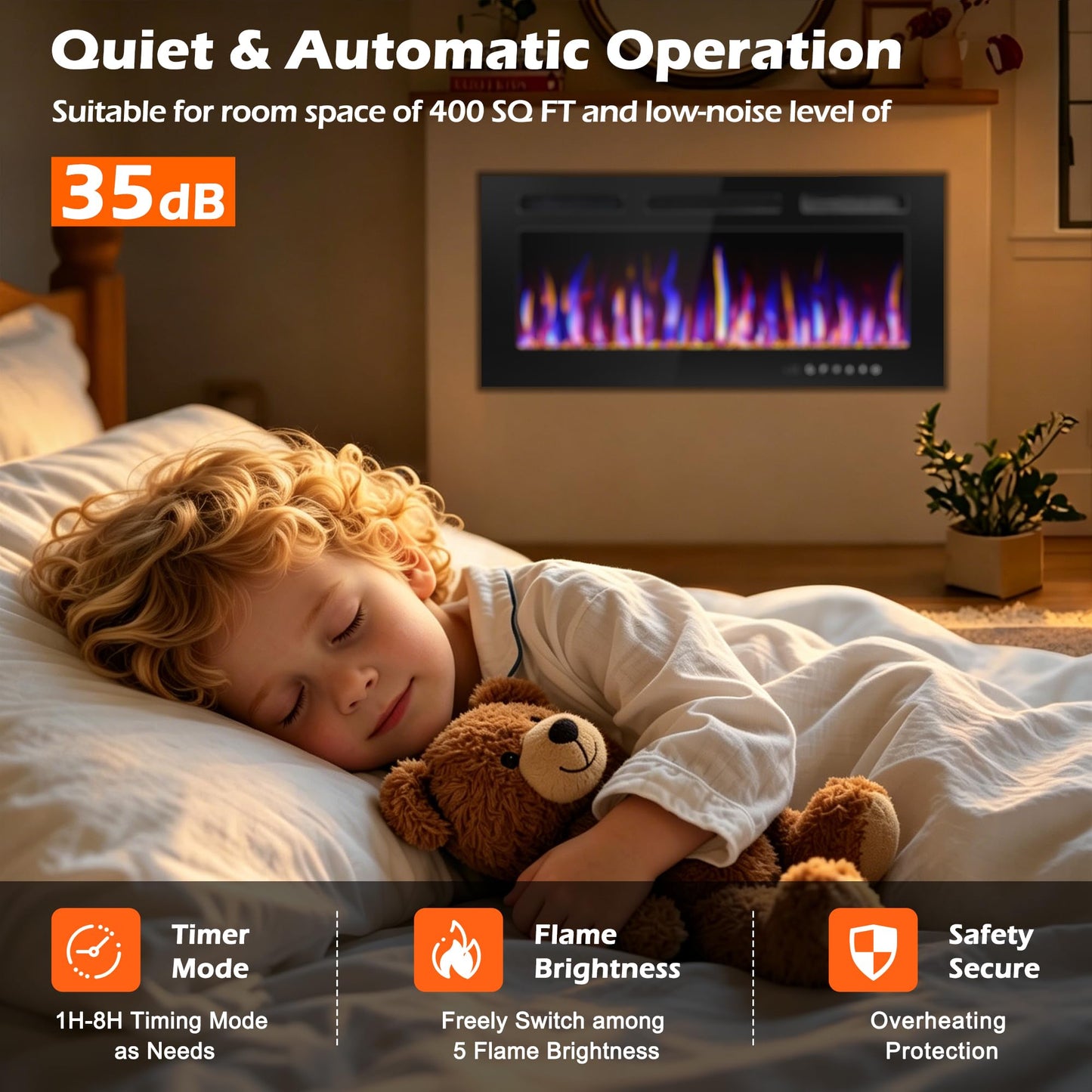 BETELNUT 36" Electric Fireplace Wall Mounted and Recessed with Remote Control, 750/1500W Ultra-Thin Wall Fireplace Heater W/Timer Adjustable Flame Color and Brightness, Log Set & Crystal Options